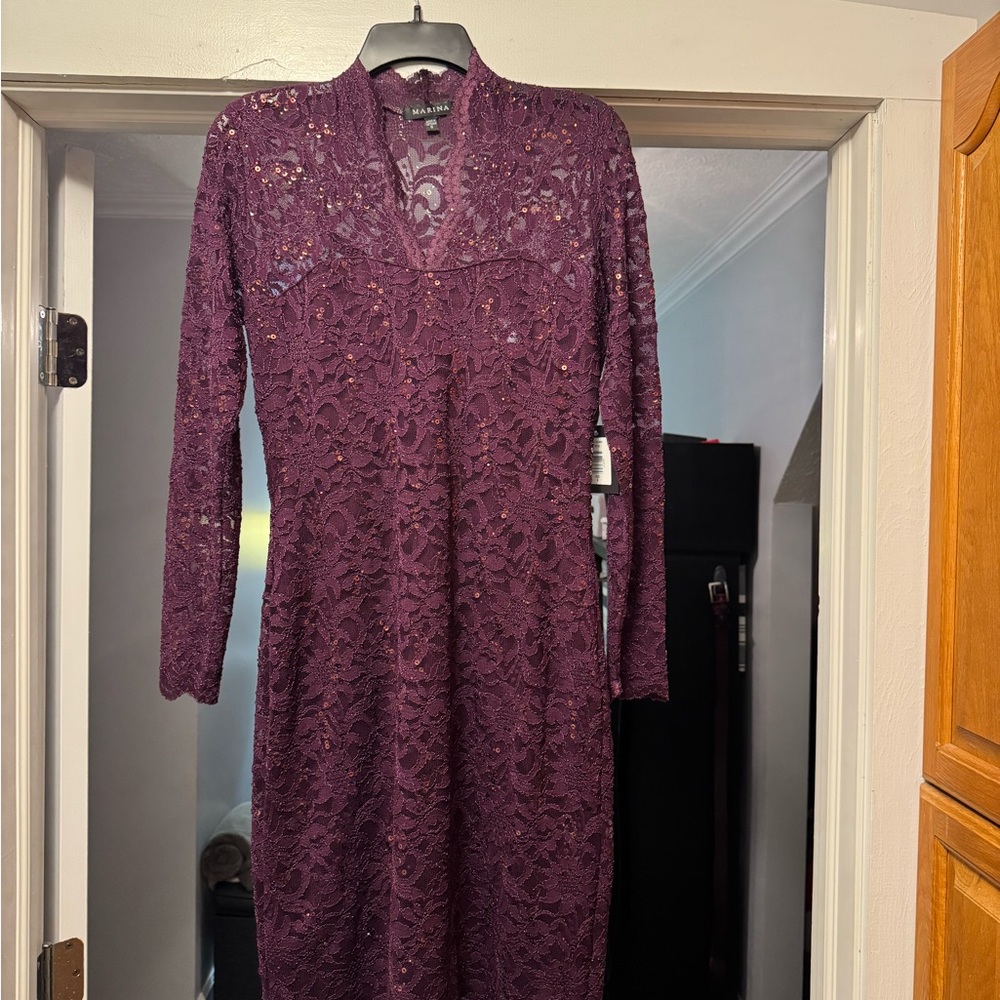 MARINA Deep Purple Long Sleeve Lace Dress